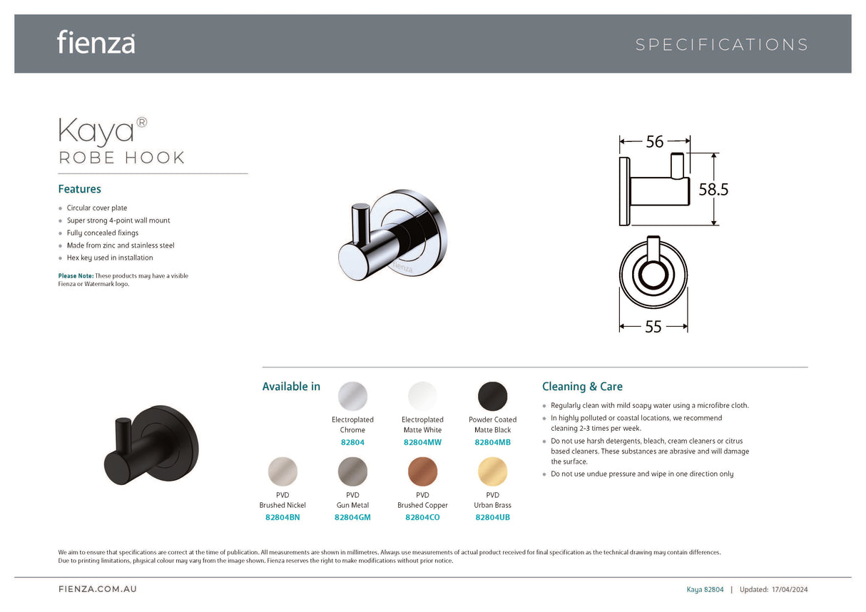 Fienza 82804 Kaya Robe Hook, Chrome