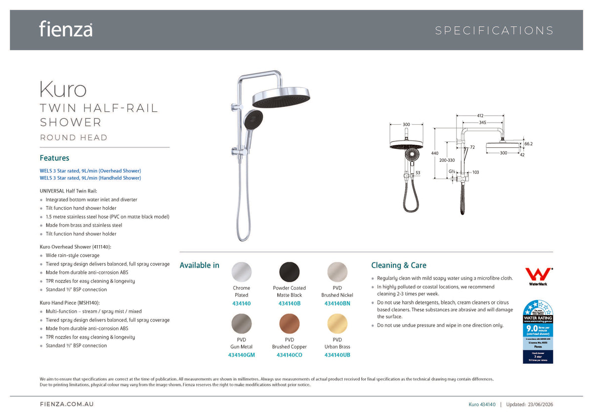 Fienza 434140CO Kuro Twin Half-Rail Shower, Soft Square Head, Brushed Copper