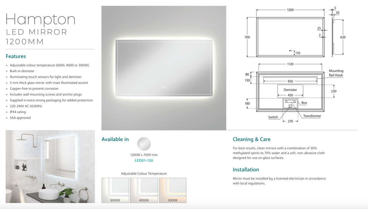 Fienza LED01-120 Hampton LED Mirror, 1200 x 700 mm