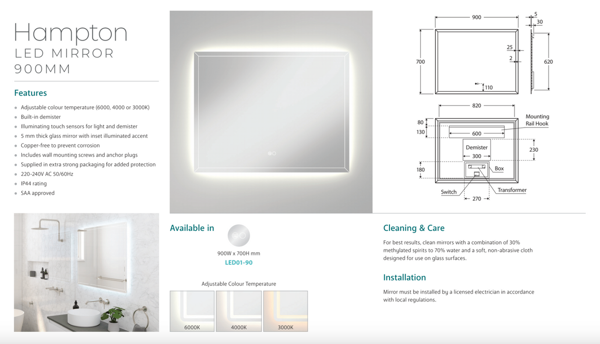 Fienza LED01-90 Hampton LED Mirror, 900 x 700 mm