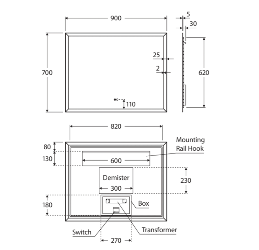 Fienza LED01-90 Hampton LED Mirror, 900 x 700 mm