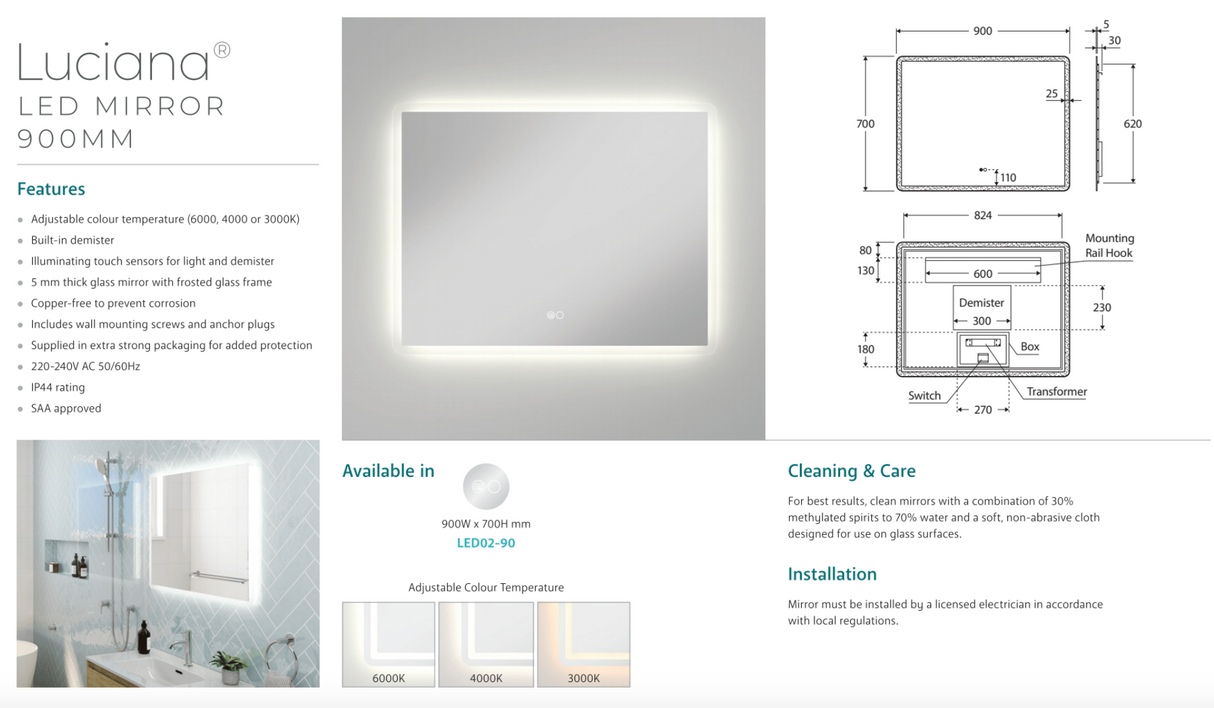 Fienza LED02-90 Luciana LED Mirror, 900 x 700 mm