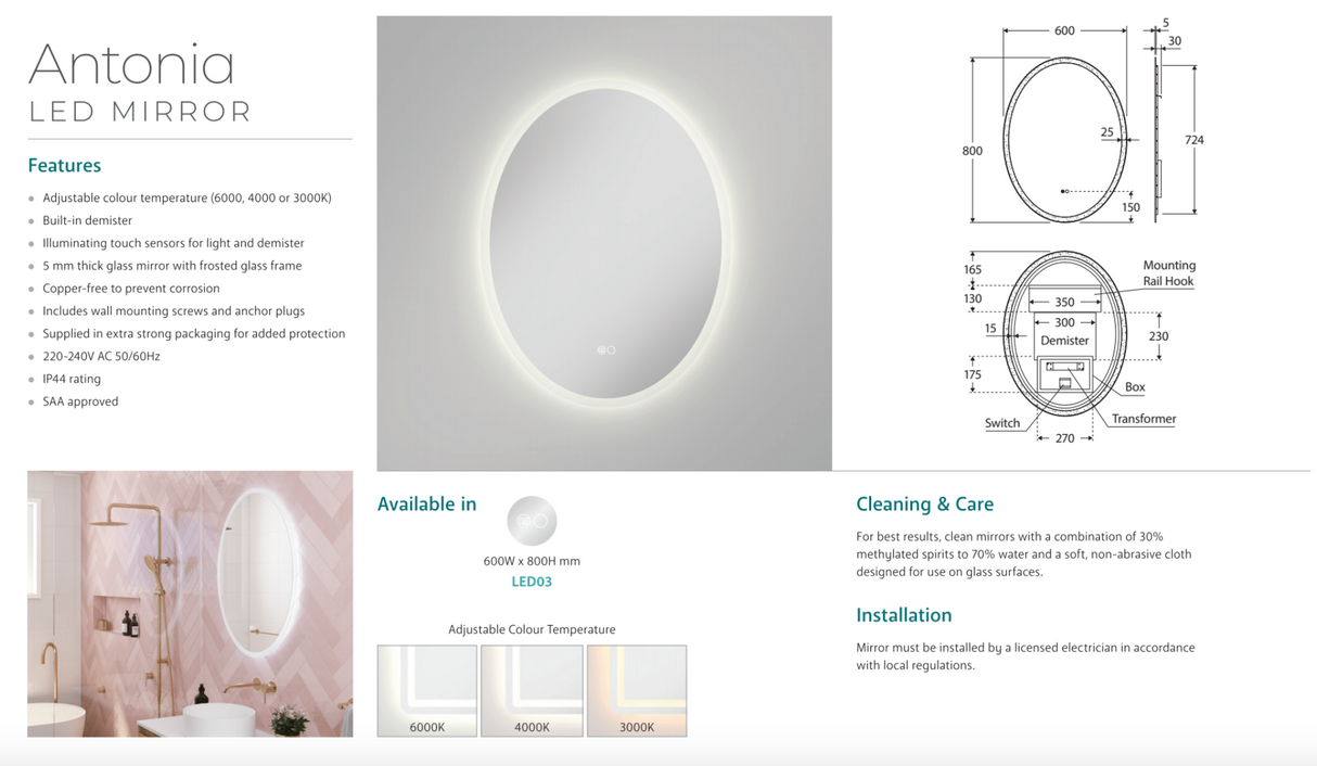 Fienza LED03 Antonia Oval LED Mirror