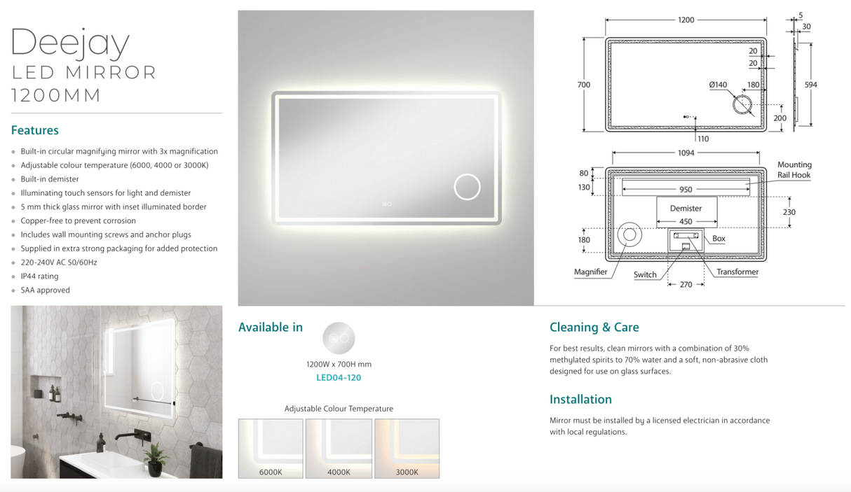 Fienza LED04-120 Deejay LED Mirror, 1200 x 700 mm