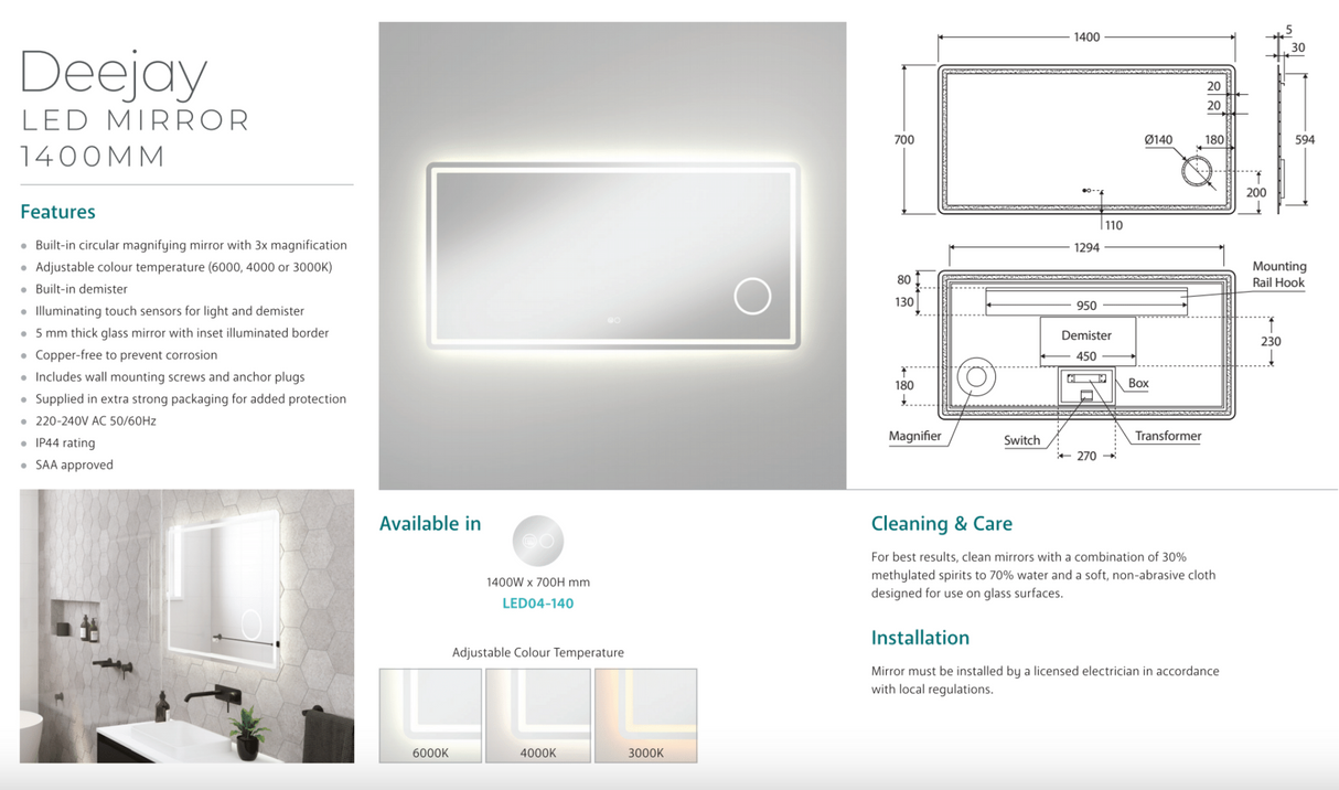 Fienza LED04-140 Deejay LED Mirror, 1400 x 700 mm