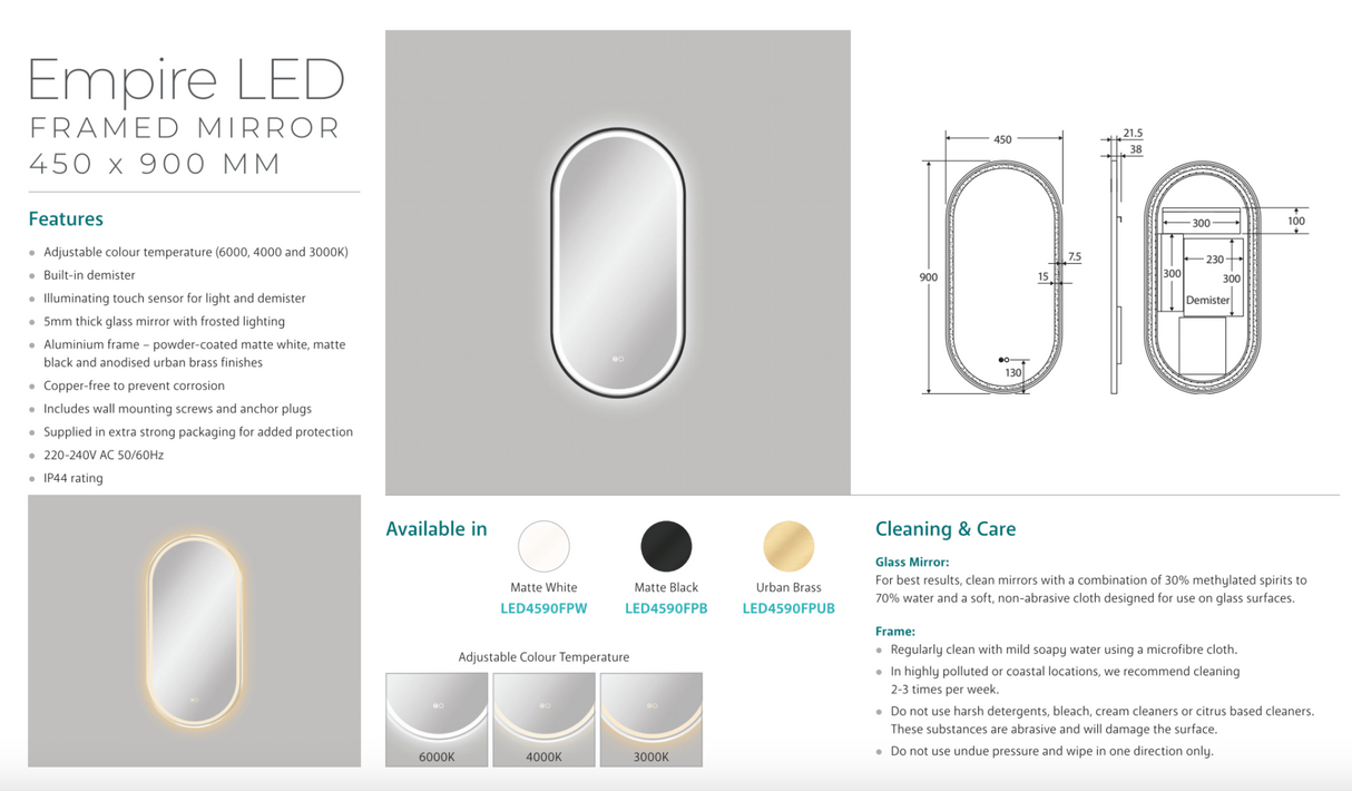 Fienza LED4590FPCO Empire LED Brushed Copper Framed Mirror, 450 x 900mm