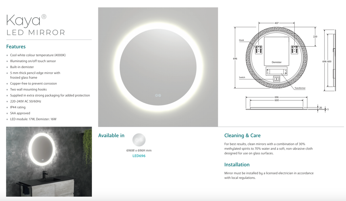 Fienza LED696 Kaya Round LED Mirror