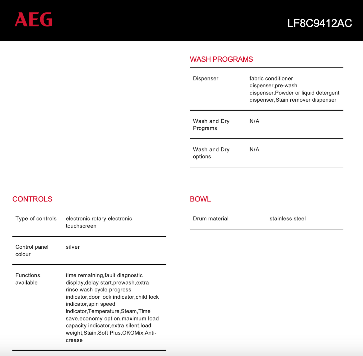 AEG LF8C9412AC 9KG 8000 Series Front Load Washing Machine - Factory Seconds