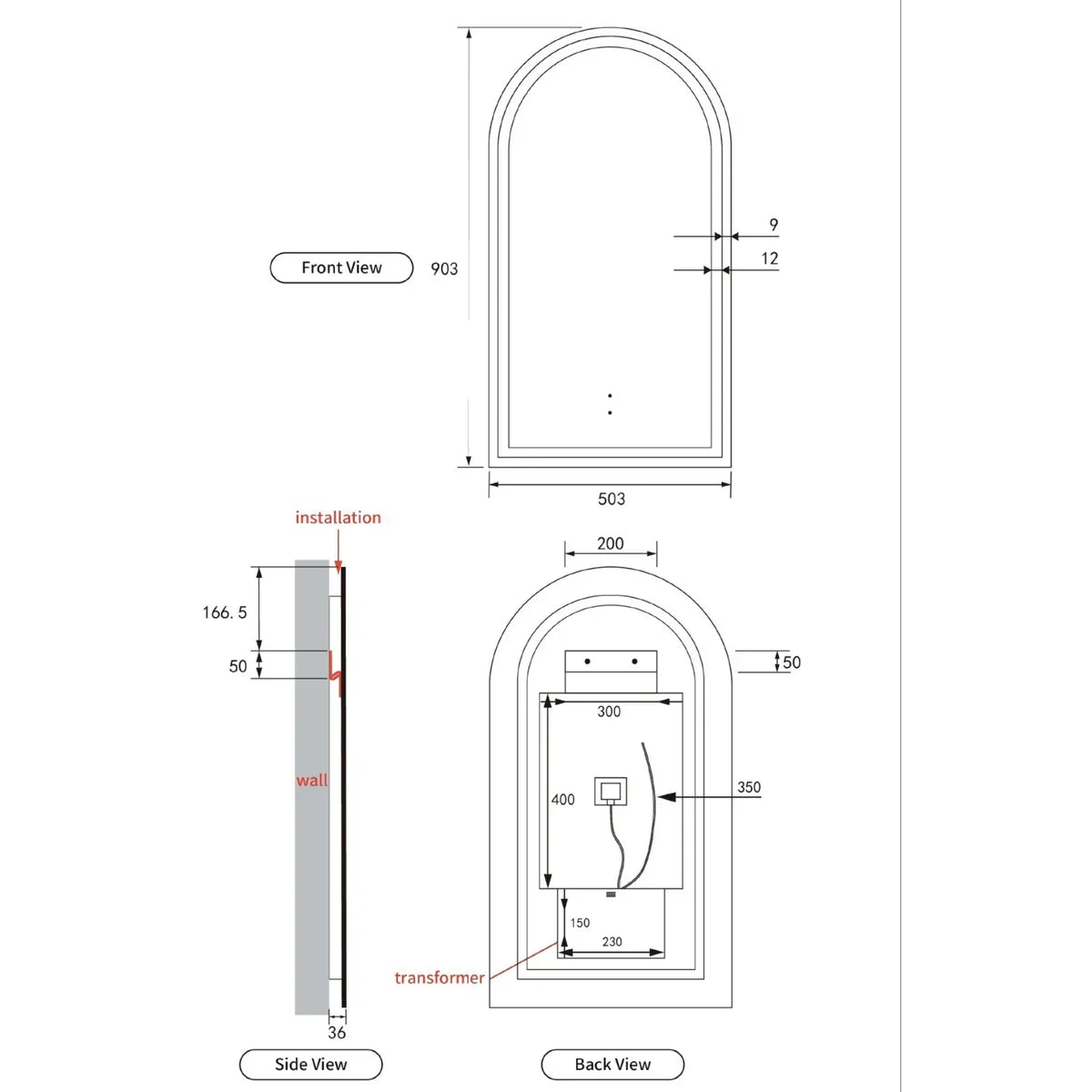 Aulic Canterbury Arch LED Mirror Brushed Nickel 500 x 900mm LMCAN-500-BN Brushed Nickel Mirrors