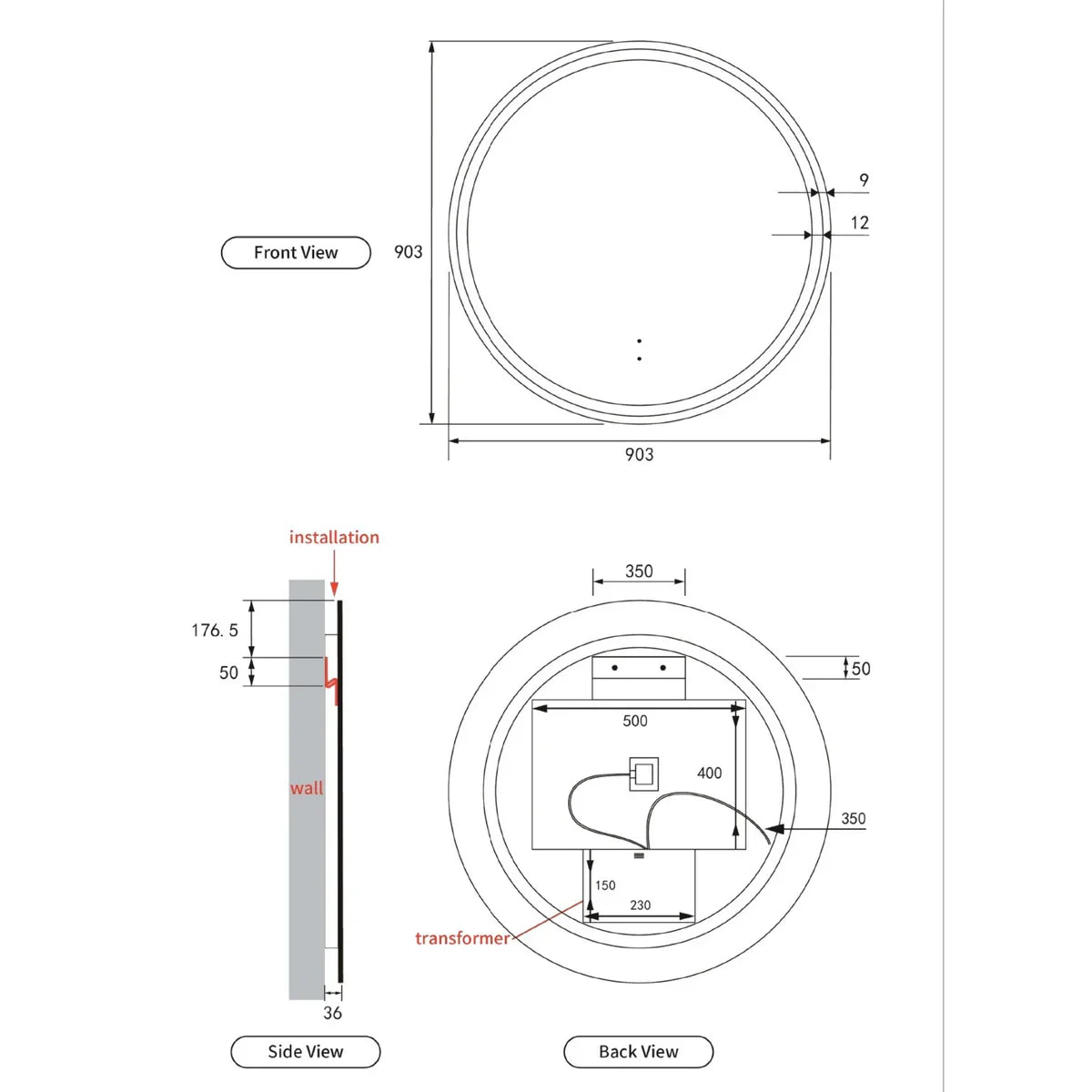 Aulic Windsor Round LED Mirror 900mm Matte Black LMWIN-900-MB Matte Black Mirrors