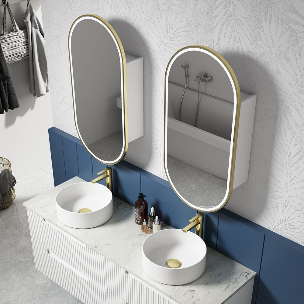 Aulic Beau Monde Oblong LED Matte White Shaving Cabinet With Brushed Gold Frame 450 x 900mm LSCBM-450-MW-BG Mirrors &