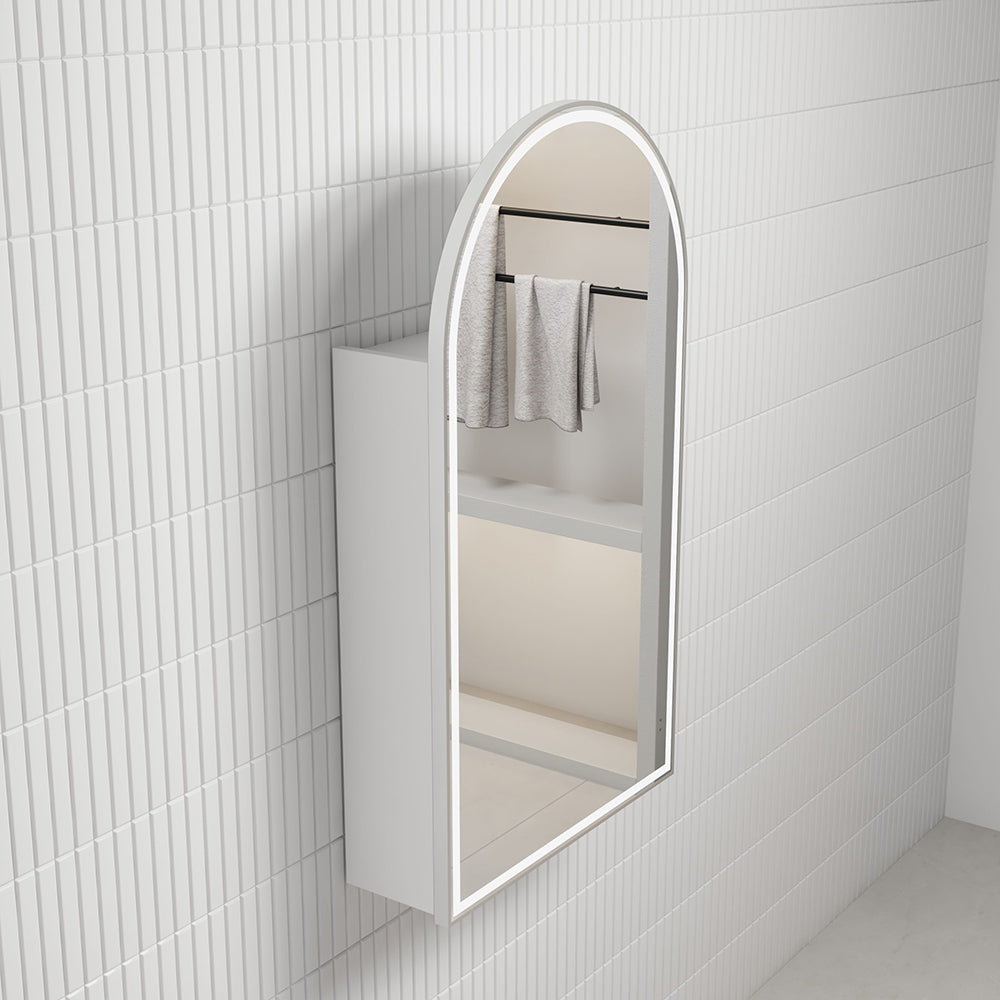 Aulic Canterbury Arch LED Matte White Shaving Cabinet With Brushed Nickel Frame 500 x 900mm LSCCAN-500-MW-BN Brushed