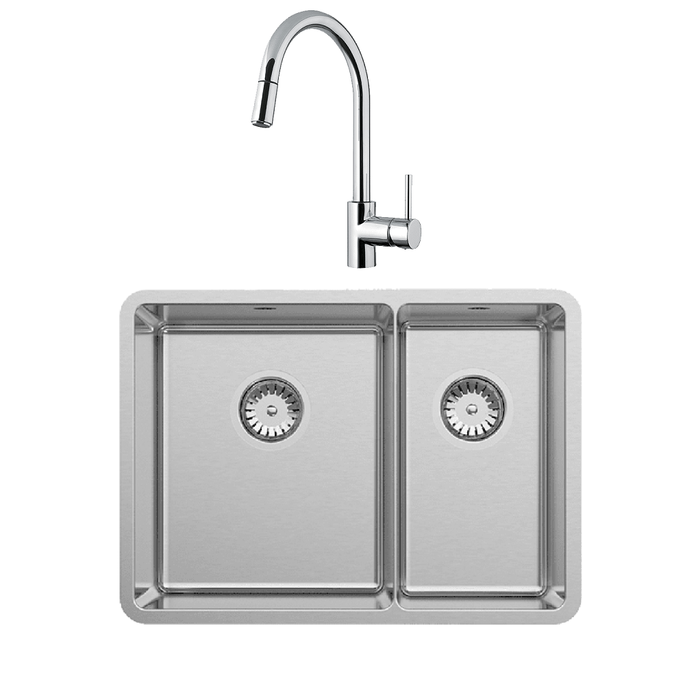 Abey Lucia Sink, 1 & 1/3 Bowl, 608x440mm, Topmount/Undermount, (Inc. Kitchen Mixer, Tray & Chopping Board), Stainless Steel, LUA190T2 (SK5-AV Mixer)