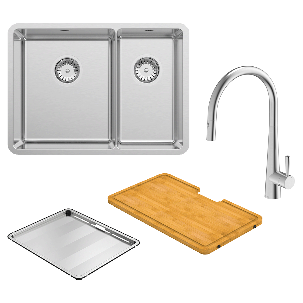 Abey Lucia Sink, 1 & 1/3 Bowl, 608x440mm, Topmount/Undermount, (Inc. Kitchen Mixer, Tray & Chopping Board), Stainless Steel, LUA190T14, (KTA014-BR Mixer)