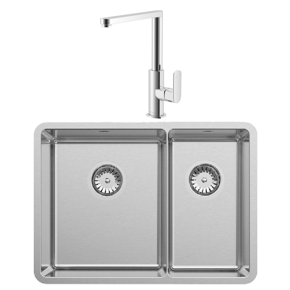Abey Lucia Sink 1 & 1/3 Bowl 608x440mm Topmount/Undermount (Inc. Kitchen Mixer, Tray & Chopping Board) Stainless Steel LUA190T5 (2K1 Mixer)