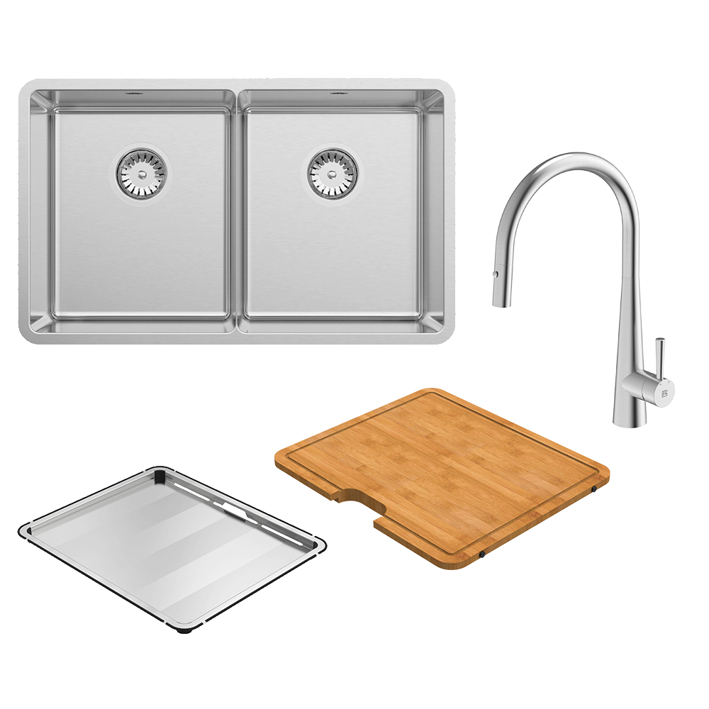 Abey Lucia Double Bowl Sink, 724x440mm, Topmount/Undermount, (Inc. Kitchen Mixer, Tray & Chopping Board), Stainless Steel, LUA200T14, (KTA014-BR Mixer)