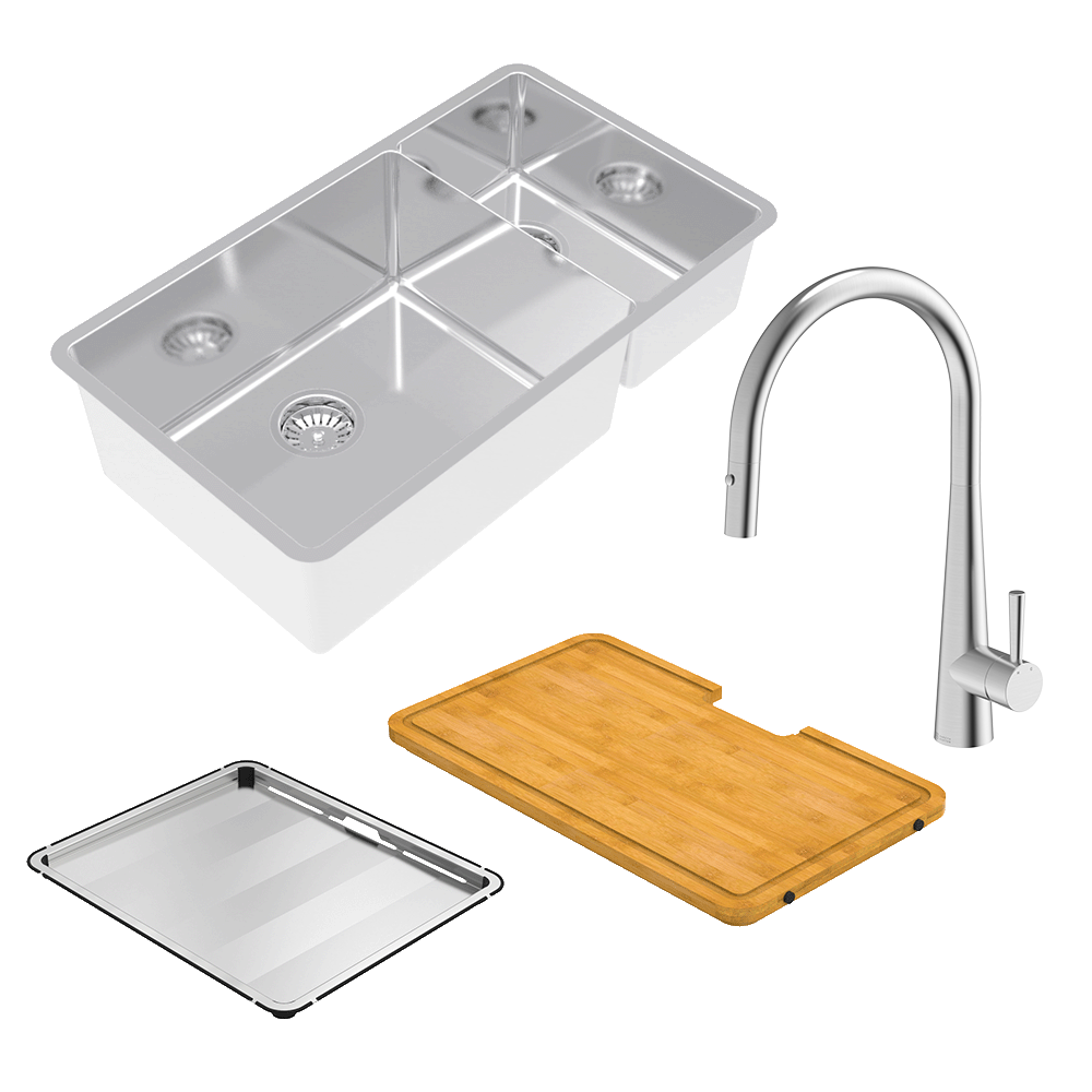 Abey Lucia 1 & 3/4 Bowl Sink, 769x440mm, Topmount/Undermount, (Inc. Kitchen Mixer, Tray & Chopping Board). Stainless Steel, LUA221T14, (KTA014-BR Mixer)