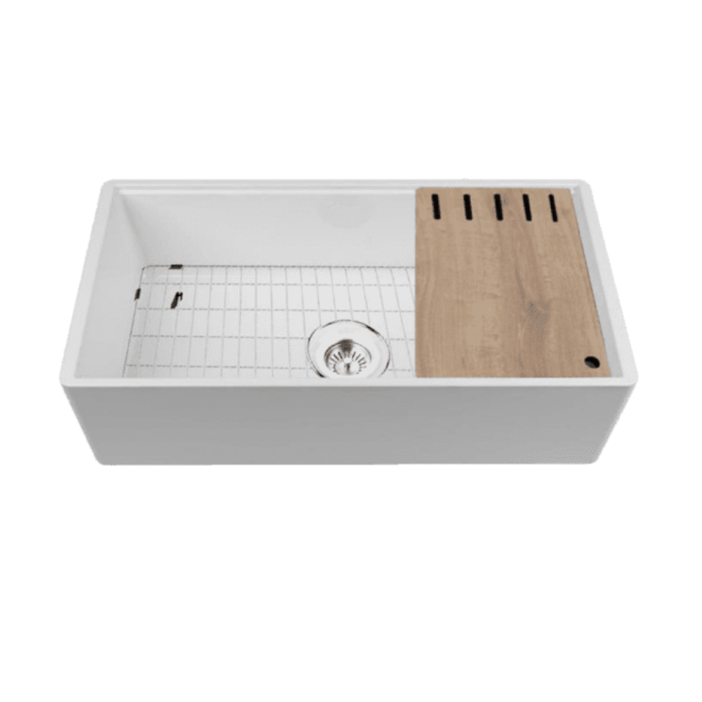 Abey Chambord Legrande Single Bowl Reversible Fireclay Sink, 838x460x258mm + Accessories, White, LEGRANDE-3W