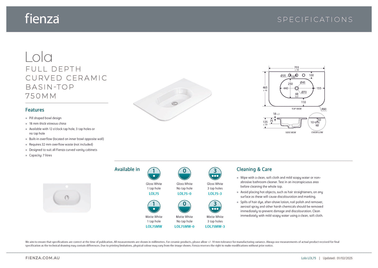Fienza LOL75US Lola 750 Matte Minka Curved Scandi Oak Wall-Hung Vanity, One Tap Hole