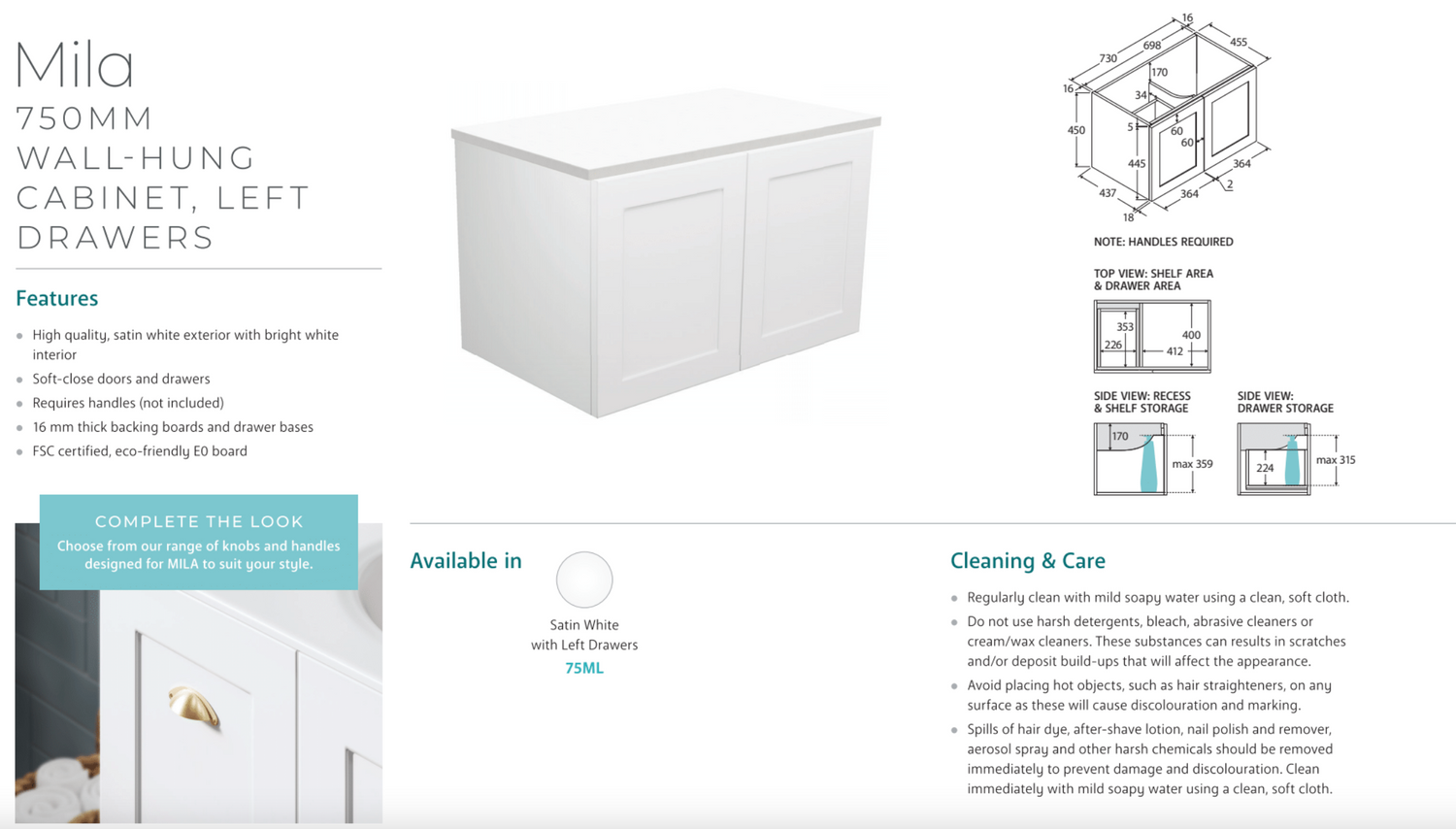 Fienza 75ML Mila 750mm Wall-Hung Cabinet, Left Drawer, Cabinet Only