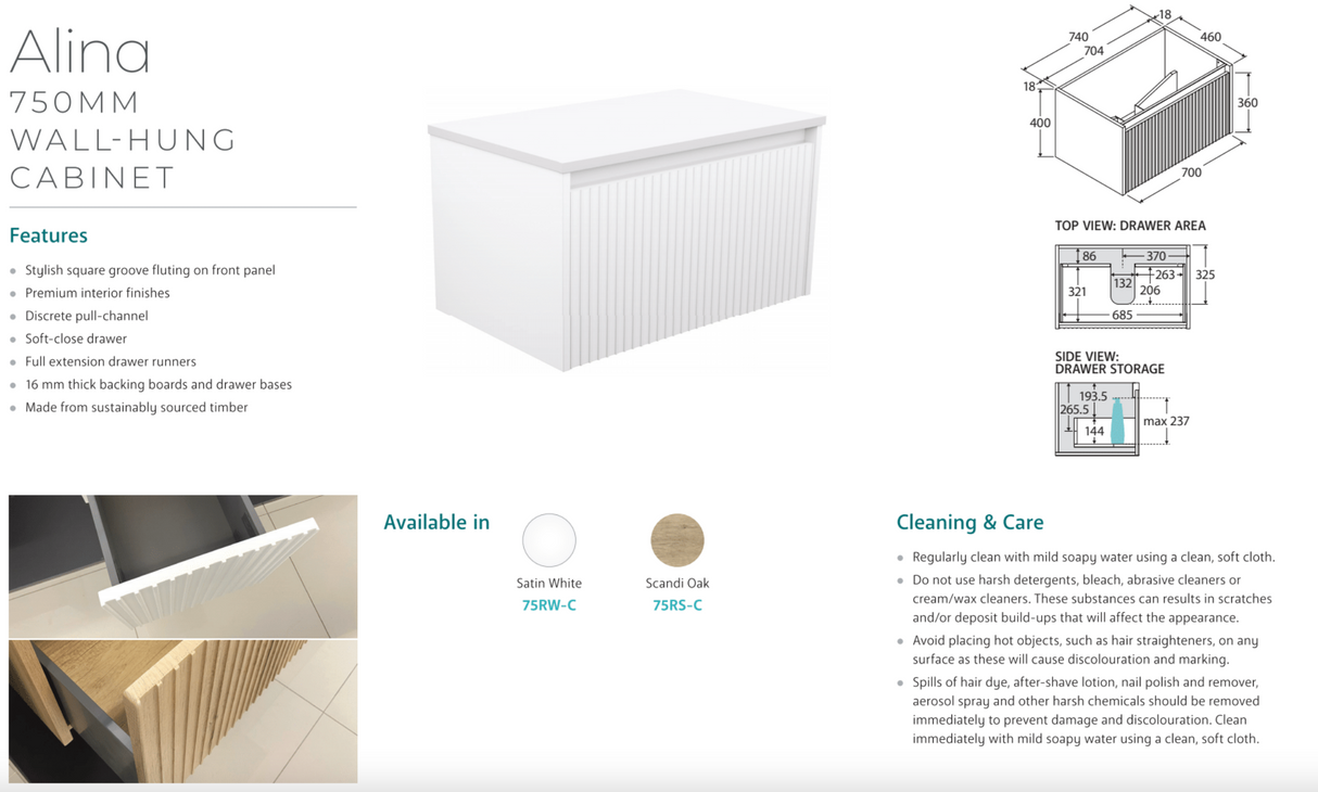 Fienza MON75RW 750 Montana Alina Satin White Wall-Hung Vanity