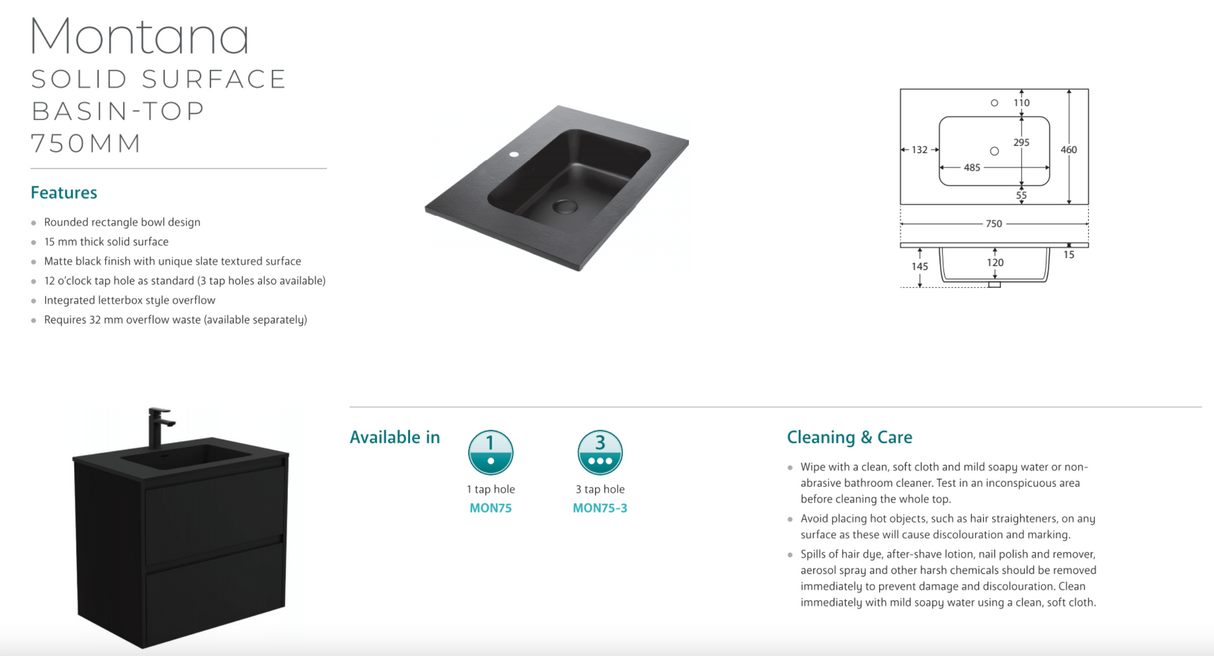 Fienza MON75RW 750 Montana Alina Satin White Wall-Hung Vanity