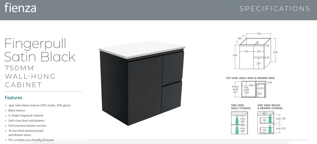 Fienza MON75ZR Montana Fingerpull 750 Satin Black Wall Hung Vanity, Right Drawers
