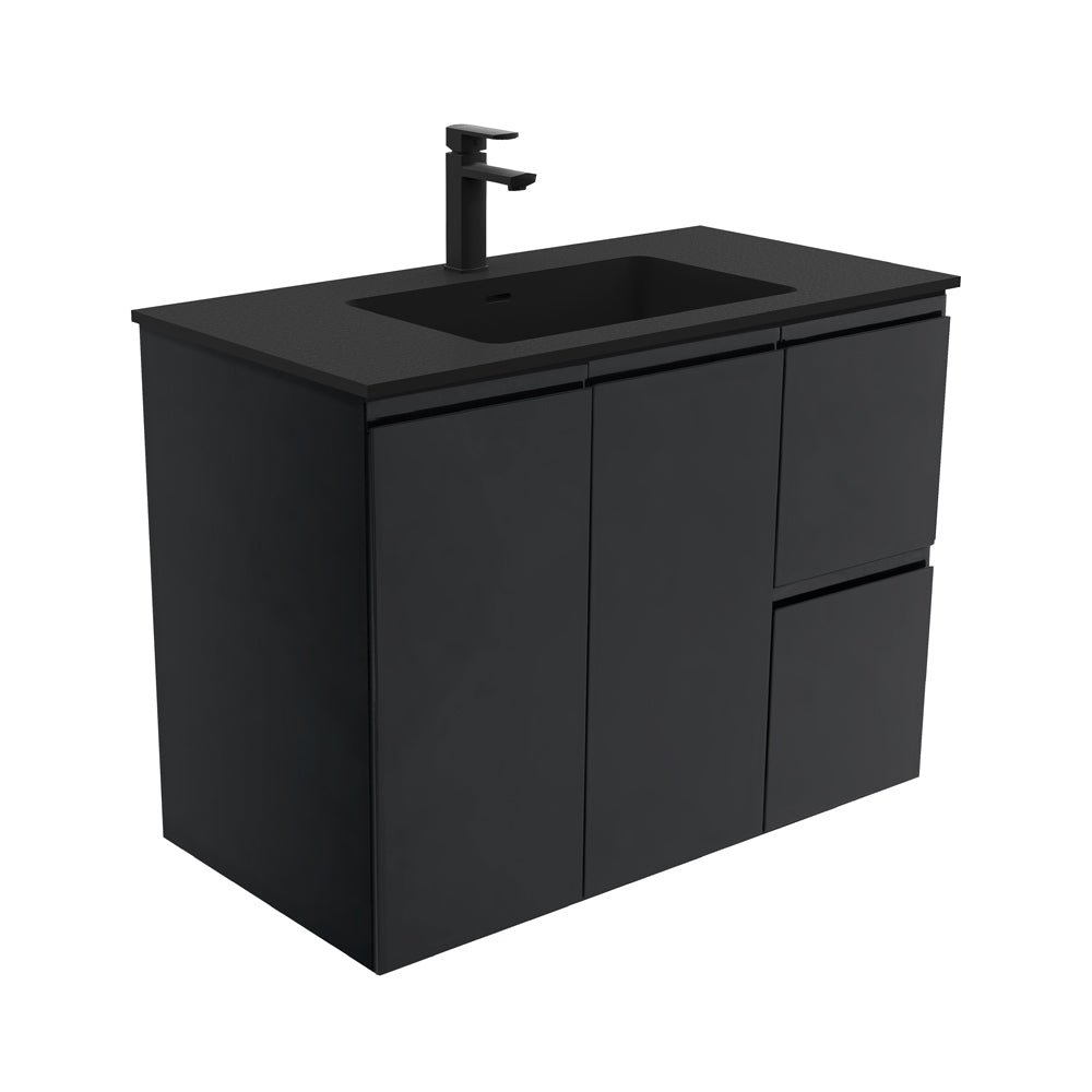 Fienza MON90ZBR Montana Fingerpull 900 Satin Black Wall Hung Vanity, Right Drawers