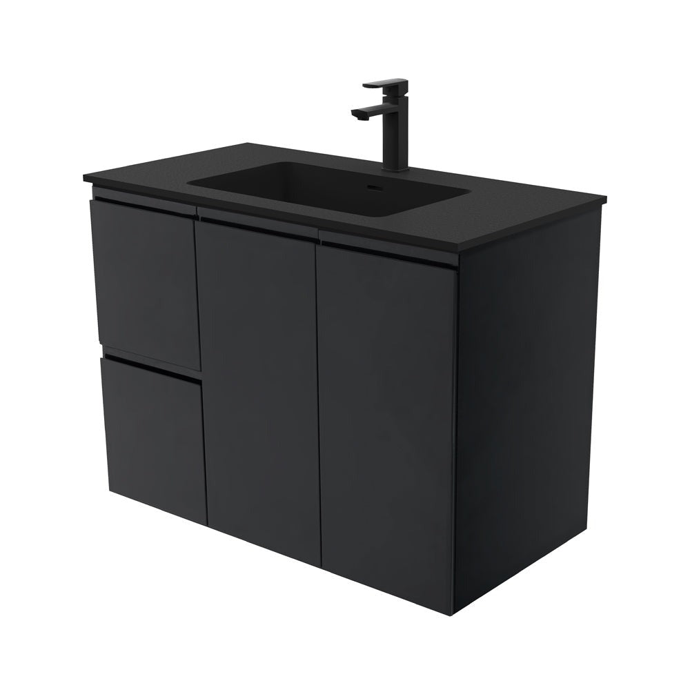 Fienza MON90ZBL Montana Fingerpull 900 Satin Black Wall Hung Vanity, Left Drawers
