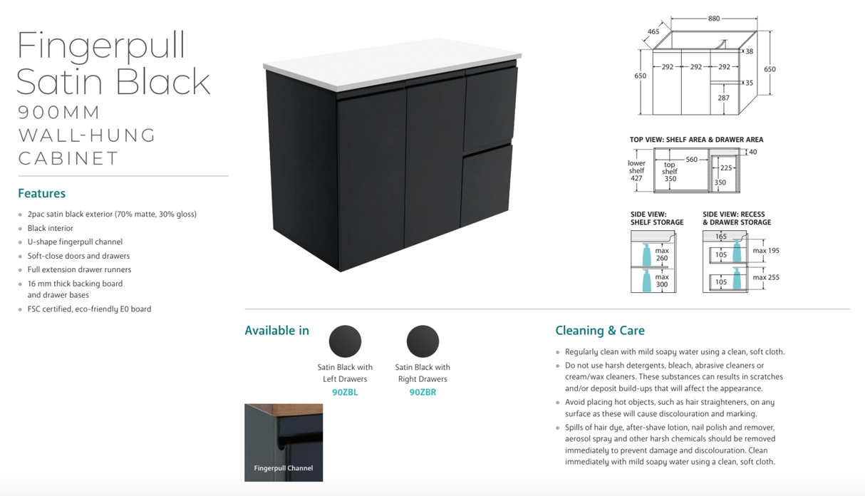 Fienza MON90ZBL Montana Fingerpull 900 Satin Black Wall Hung Vanity, Left Drawers