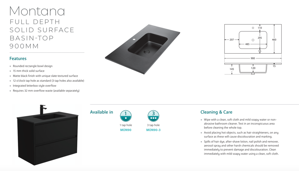 Fienza MON90ZBL Montana Fingerpull 900 Satin Black Wall Hung Vanity, Left Drawers