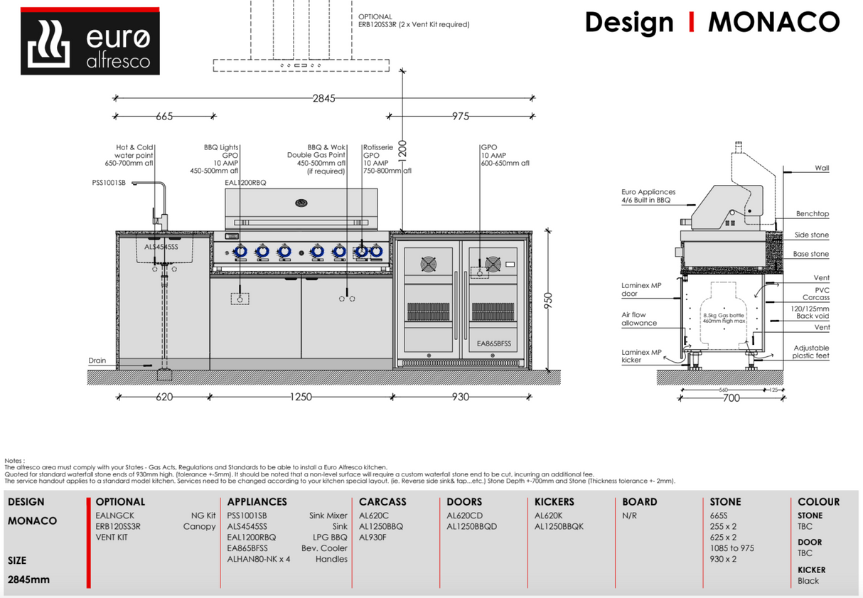 Euro Alfresco Monaco Outdoor Kitchen, Black Appliances, 2845mm Wide