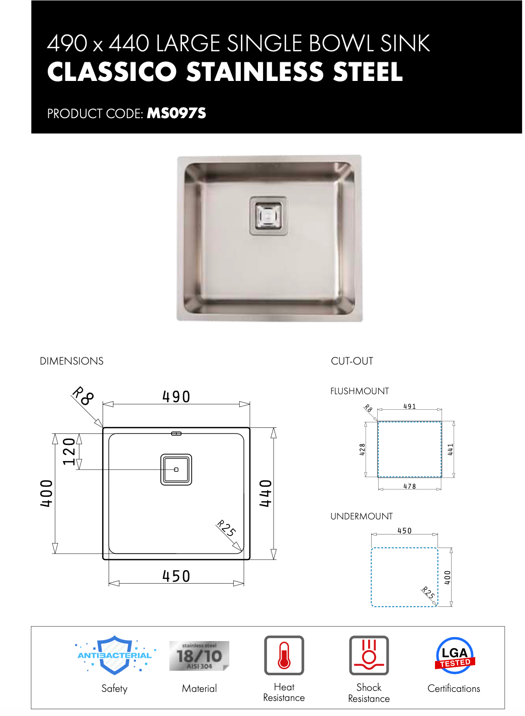 Euro Appliances MS097S Single Bowl Stainless Steel Undermount Sink