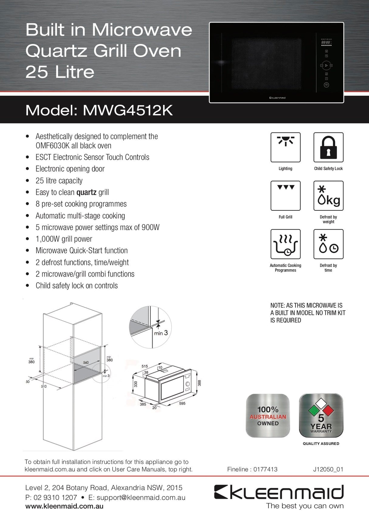 Kleenmaid MWG4512K 25 Litre Built-in Microwave Quartz Grill Oven