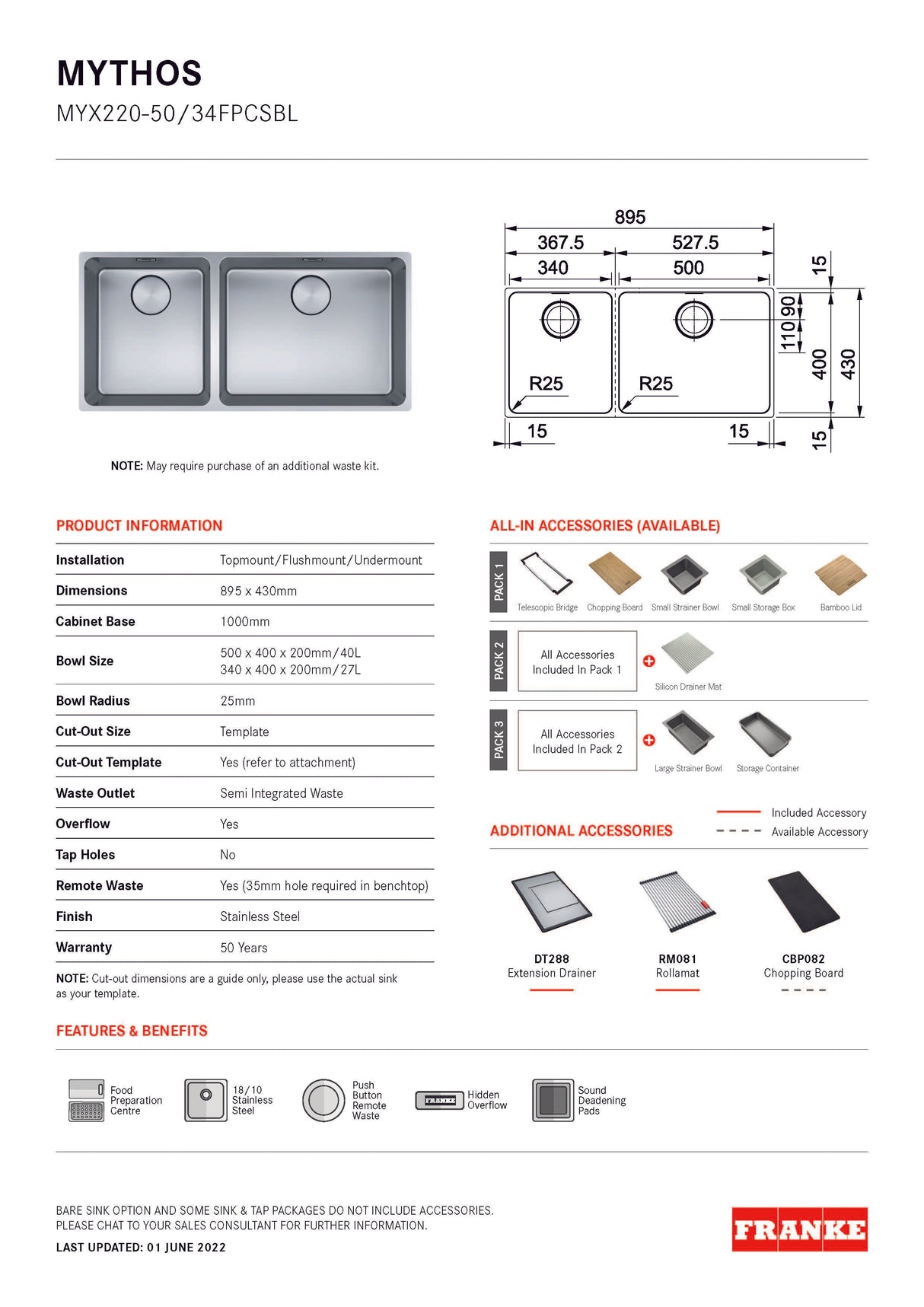 Franke Mythos Double Bowl 895mm Top Mount/ Flush Mount/ Undermount Stainless Steel with Accessories, MYX220-50/34FPCSBL