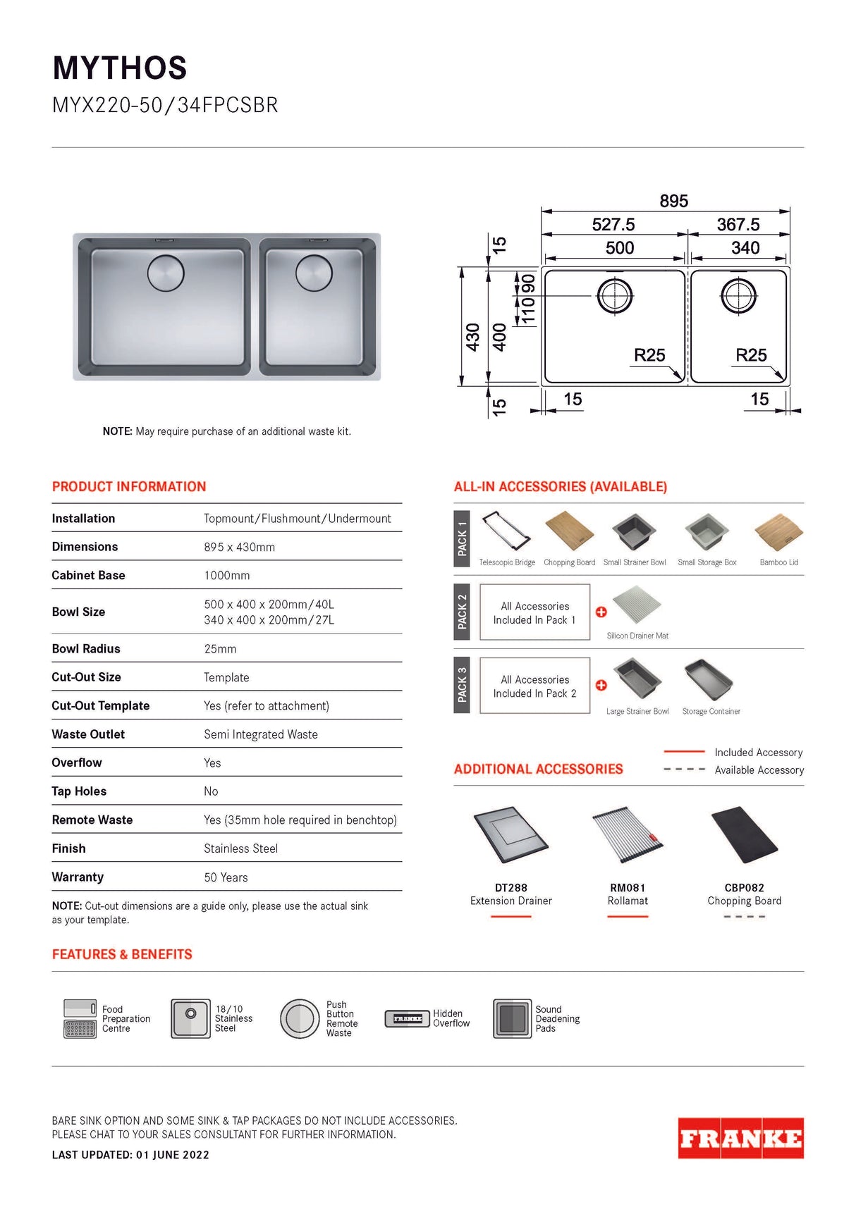 Franke Mythos Double Bowl 895mm Top Mount/ Flush Mount/ Undermount Stainless Steel with Accessories, MYX220-50/34FPCSBR