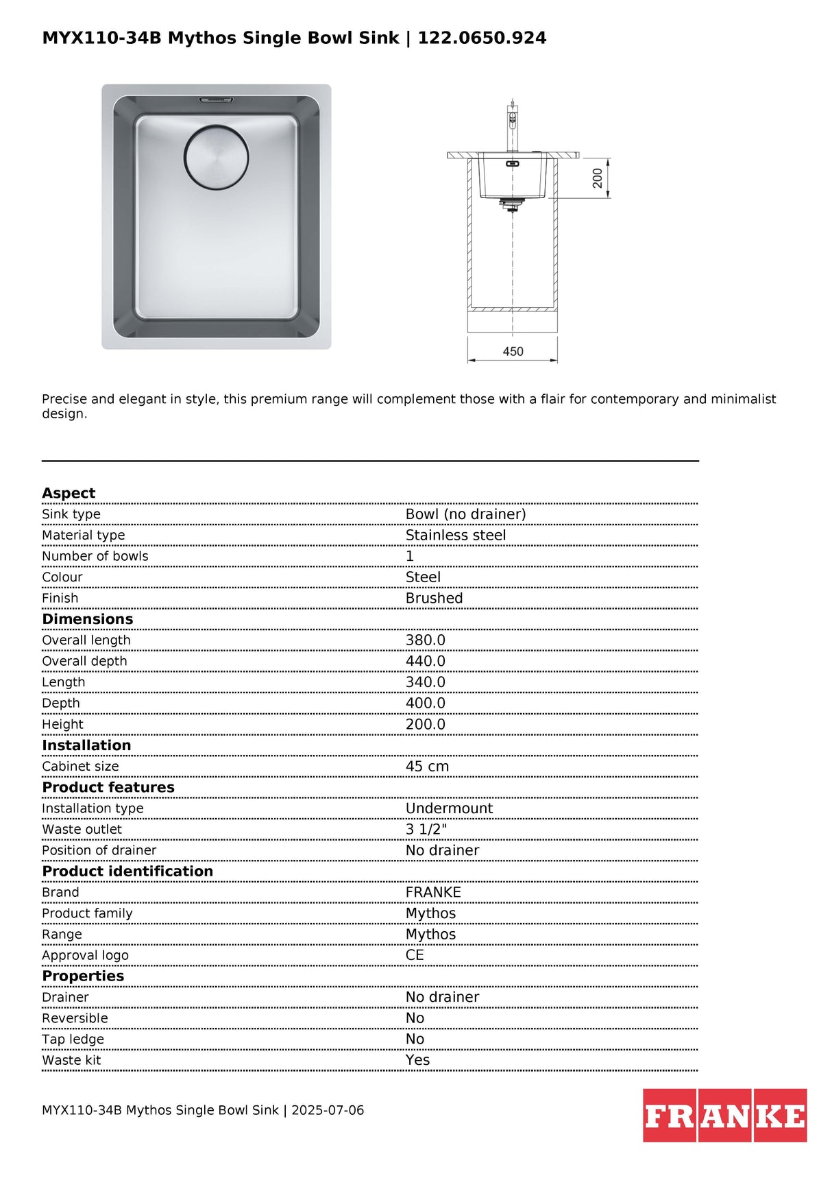 Franke Mythos Single Bowl 340mm Undermount Stainless Steel, MYX110-34B