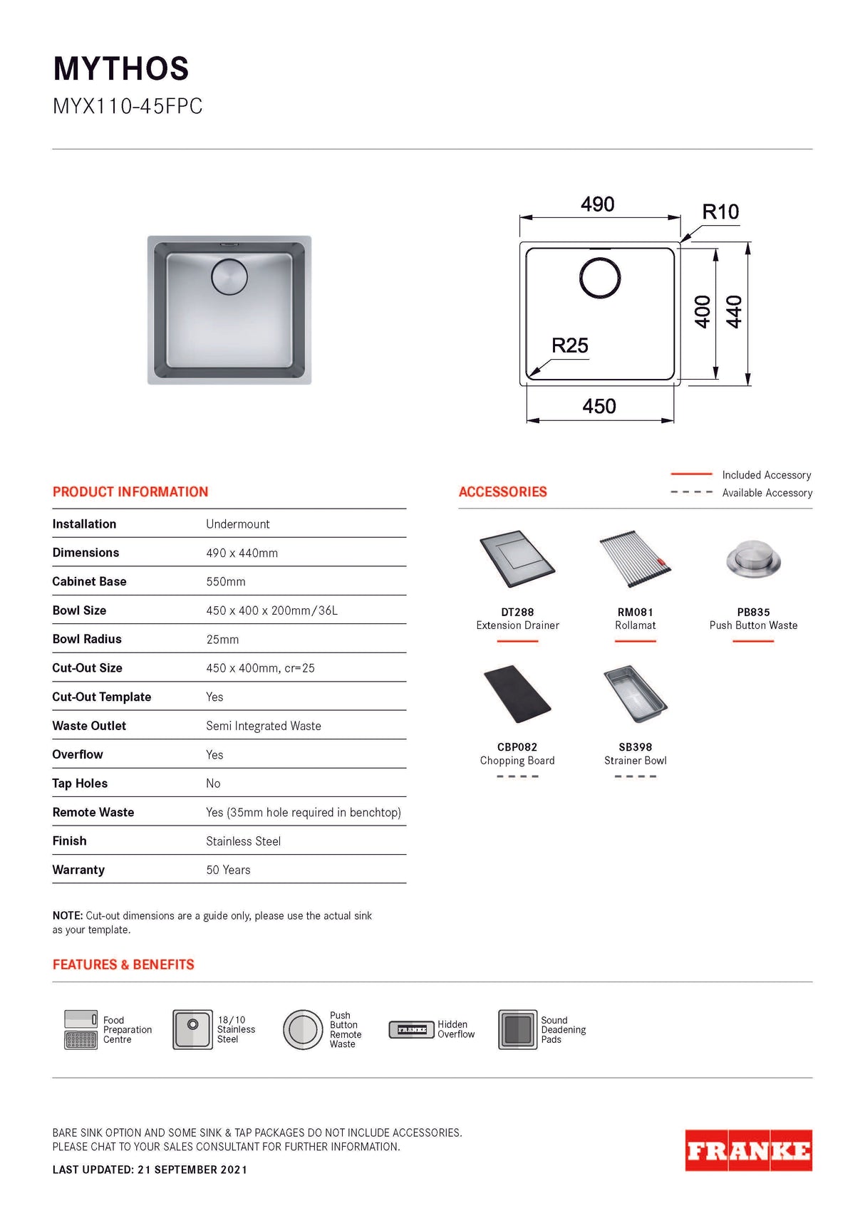 Franke Mythos Single Bowl 450mm Undermount Stainless Steel with Accessories, MYX110-45FPC