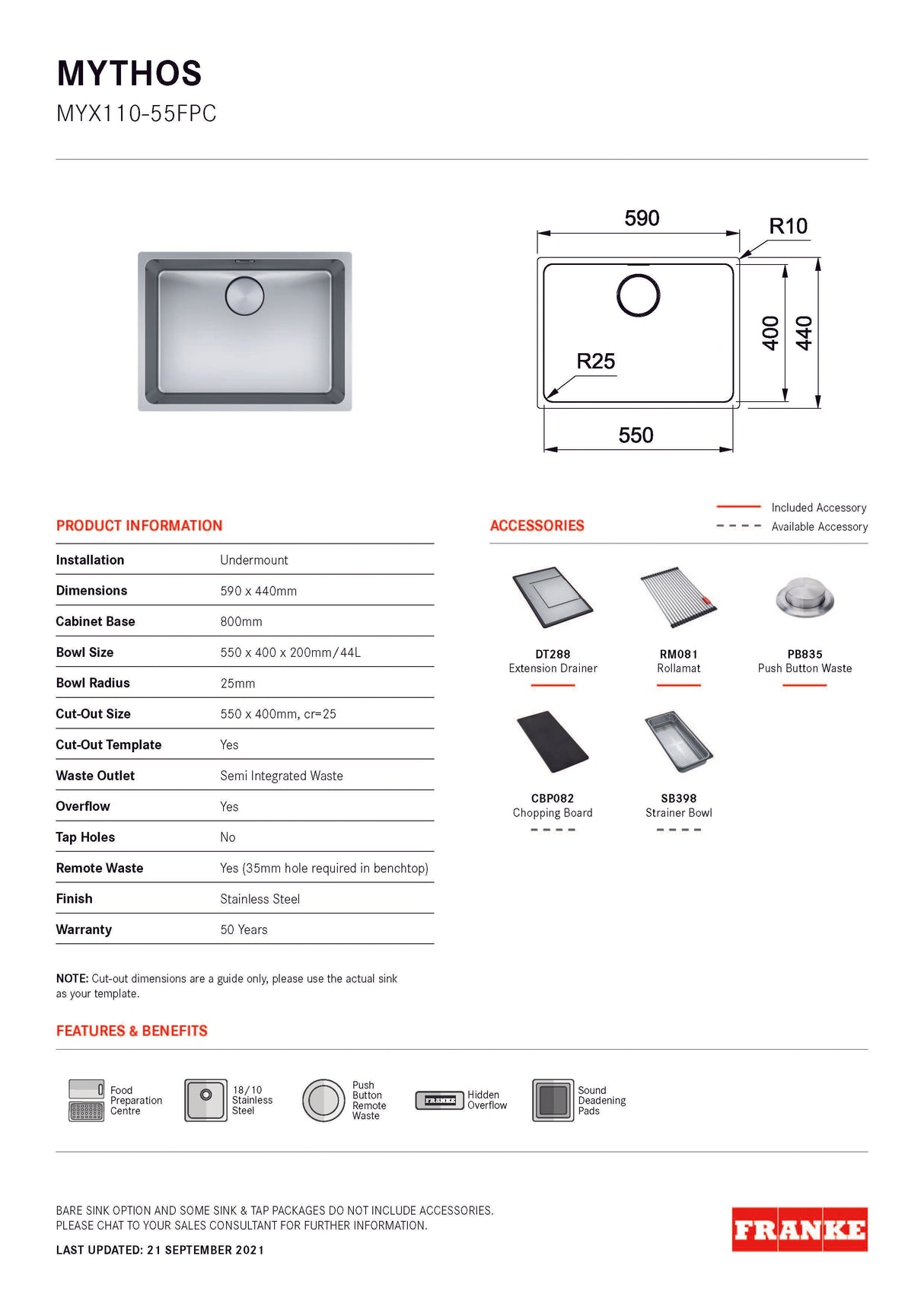 Franke Mythos Single Bowl 550mm Undermount Stainless Steel with Accessories, MYX110-55FPC