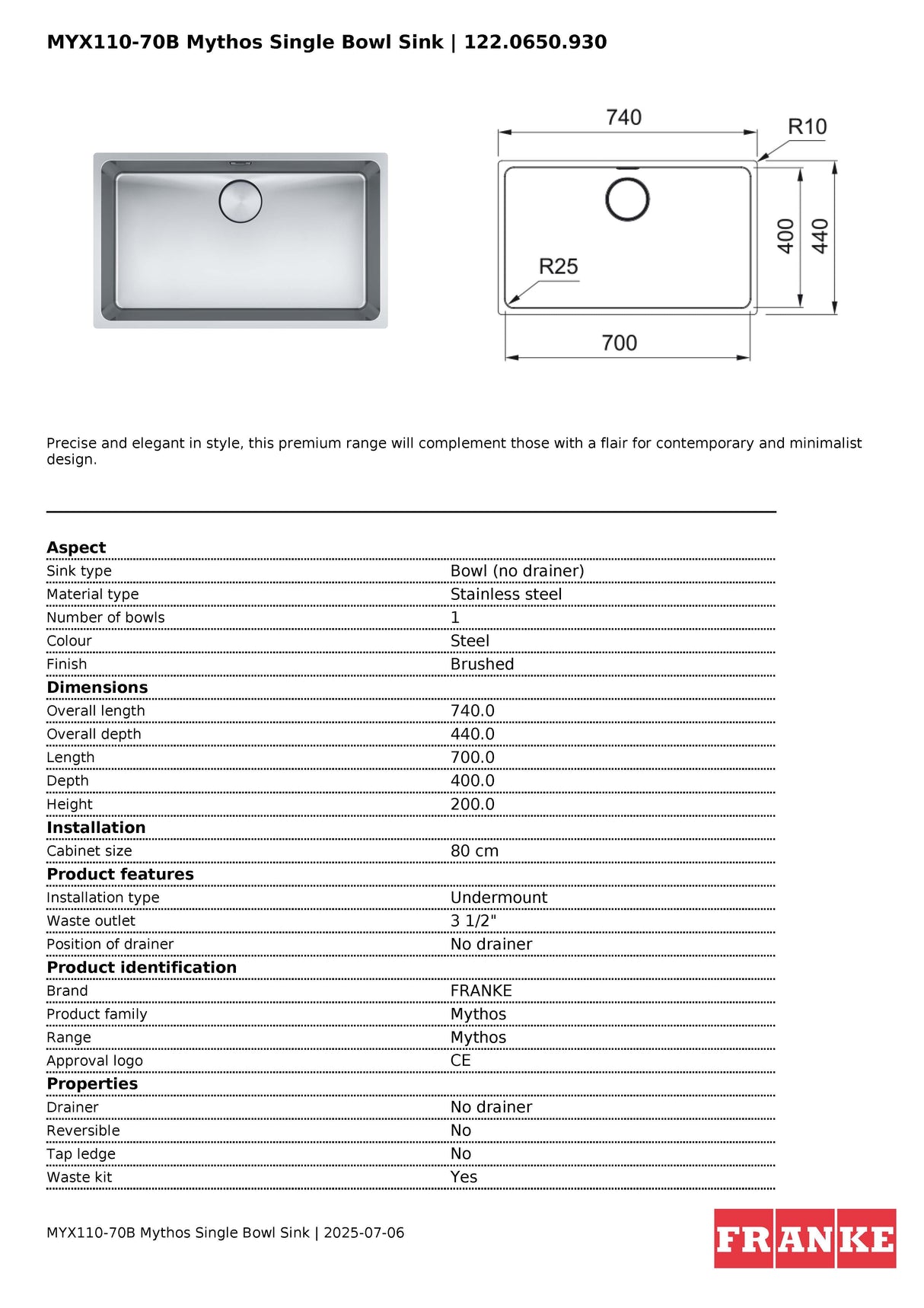 Franke Mythos Single Bowl 700mm Undermount Stainless Steel, MYX110-70B