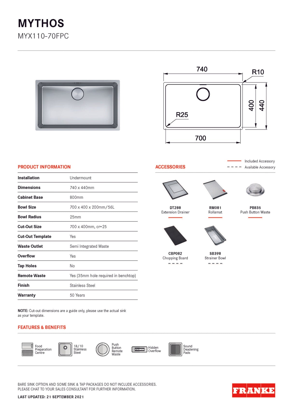Franke Mythos Single Bowl 700mm Undermount Stainless Steel with Accessories, MYX110-70FPC