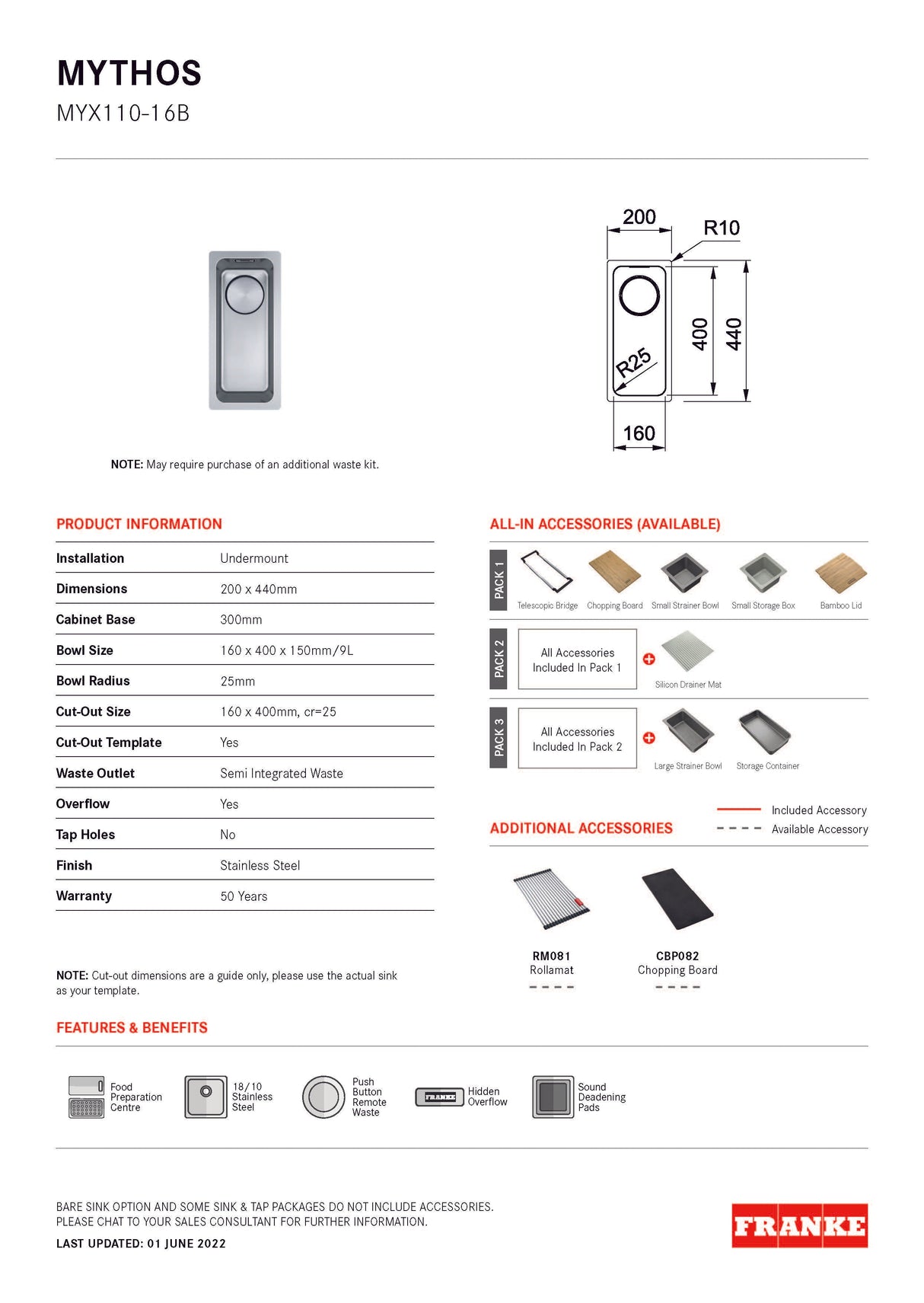 Franke Mythos Single Bowl 160mm Undermount Stainless Steel, MYX110-16B