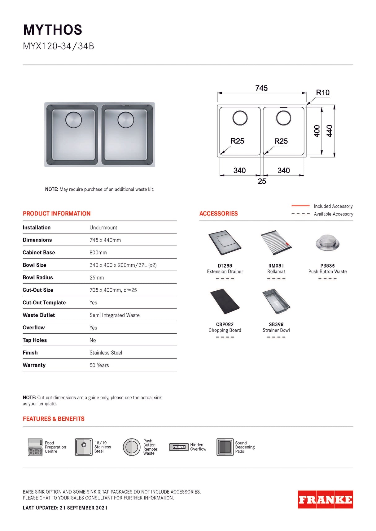 Franke Mythos Double Bowl 705mm Undermount Stainless Steel, MYX120-34/34B