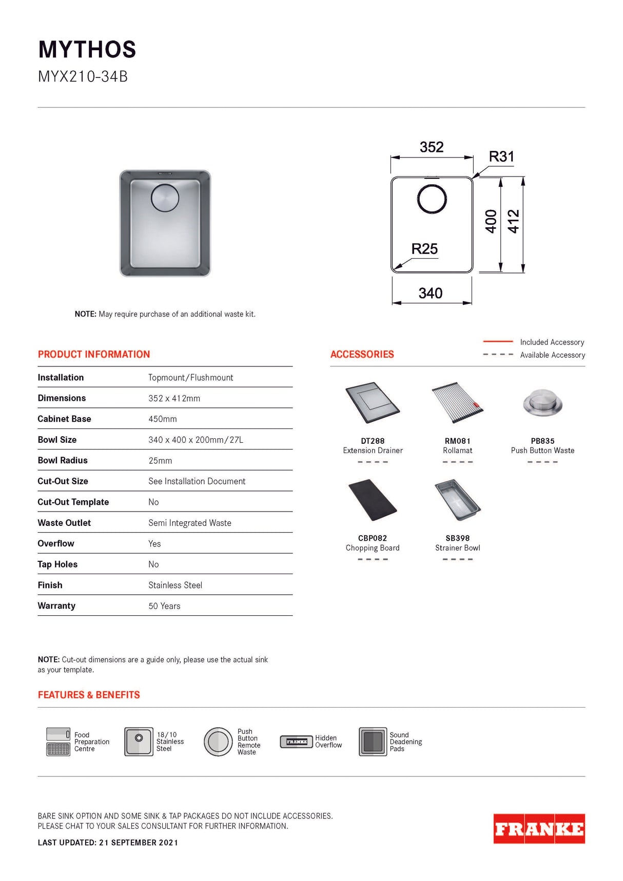 Franke Mythos Single Bowl 340mm Top Mount Stainless Steel, MYX210-34B
