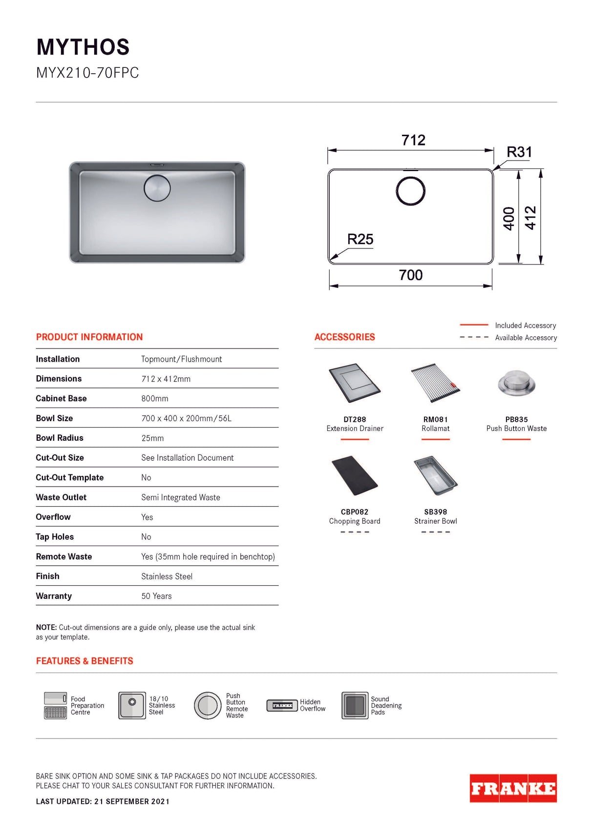 Franke Mythos Single Bowl 700mm Top Mount Stainless Steel with Accessories, MYX210-70FPC