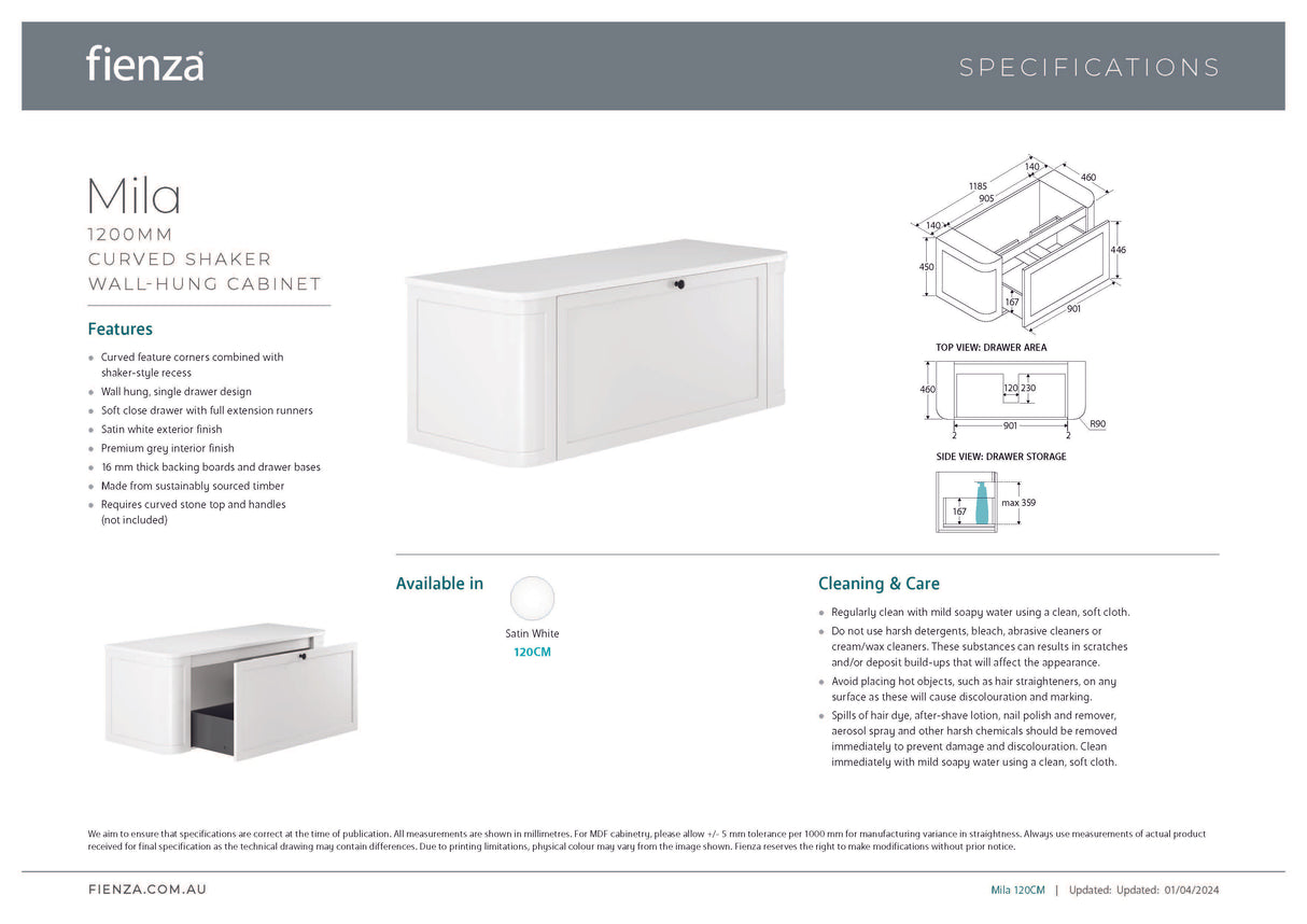 Fienza LOLM120CM Lola 1500 Minka Curved Satin White Wall-Hung Vanity, One Tap Hole