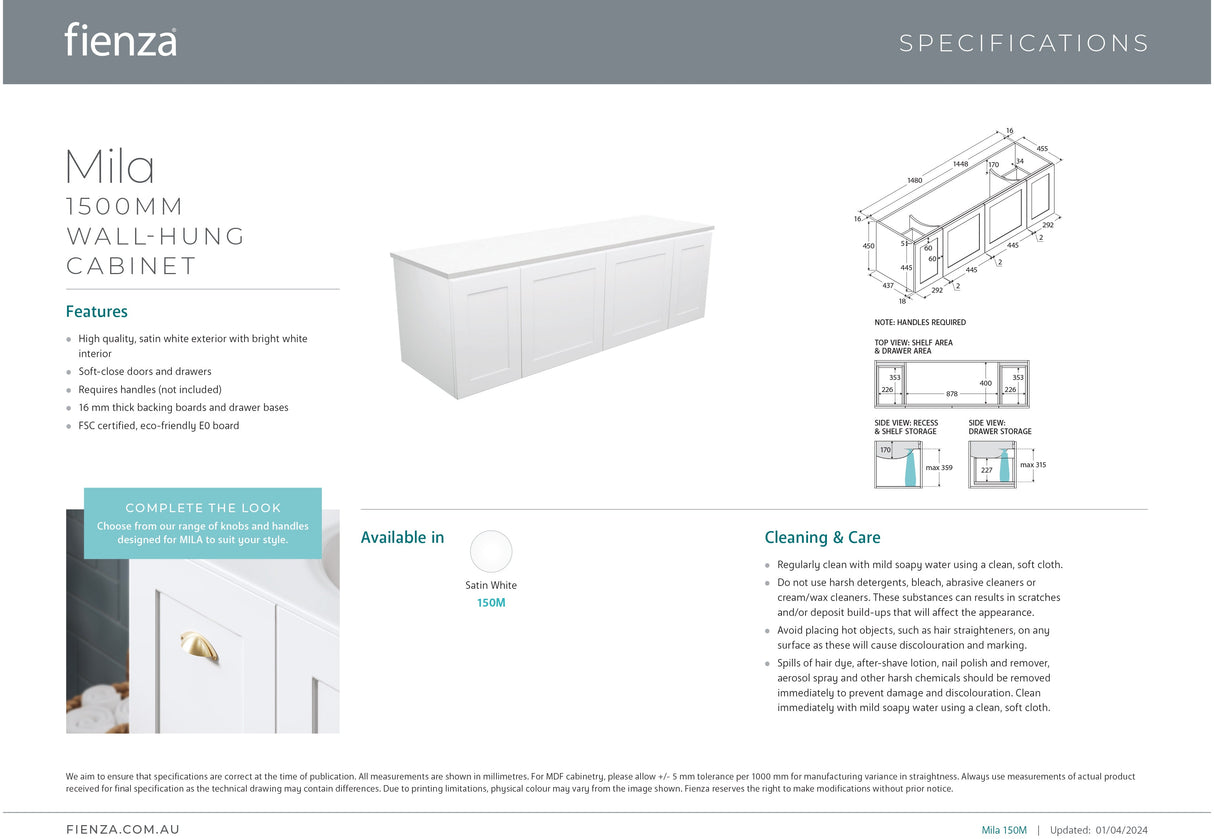 Fienza 150M Mila 1500mm Wall-Hung, Cabinet Only