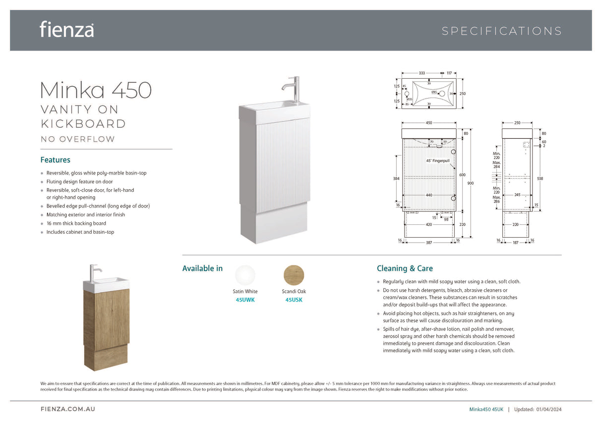 Fienza 45USK Minka 450 Vanity on Kickboard, No Overflow, Scandi Oak
