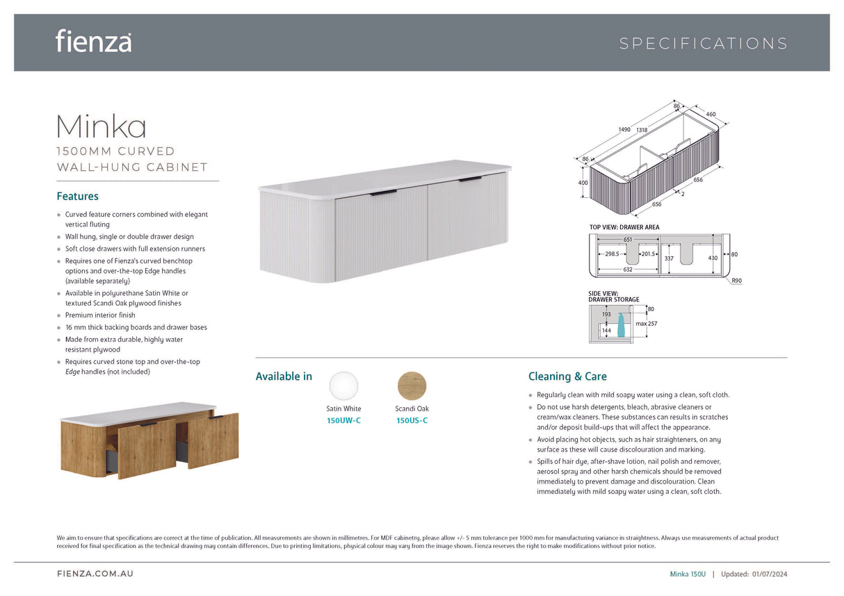 Fienza LOL150USD Lola 1500 Matte Minka Curved Scandi Oak Wall-Hung Vanity, One Tap Hole
