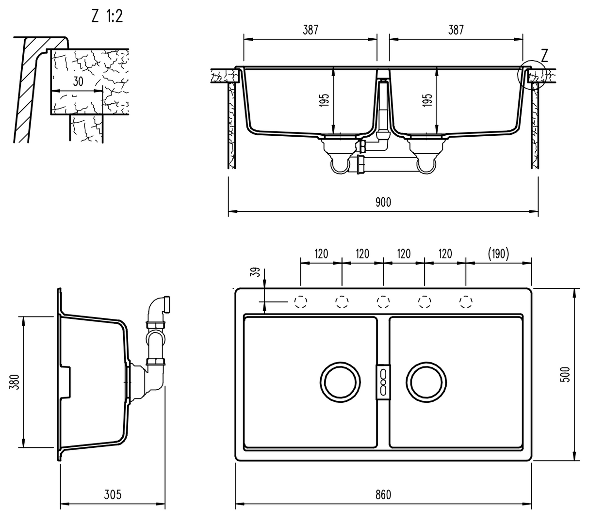 Abey N200B Schock Horizont Double Bowl Sink - Special Order Granite Kitchen Sinks